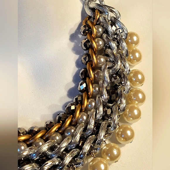 Beautiful Large Bold Gold / Silver Toned Metal & Faux Pearl /AB Crystal Necklace - Picture 2 of 3